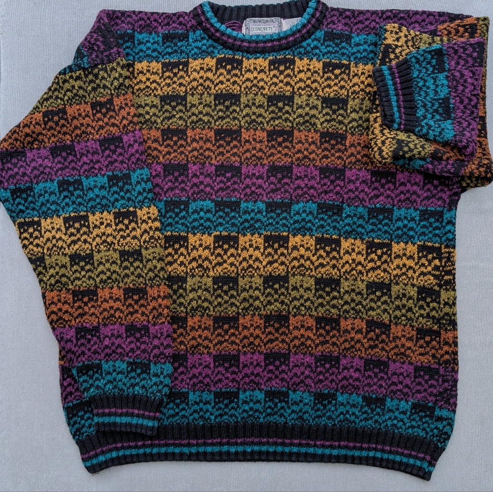 Vintage 90s Oversized Multicolor Patterned Men's Sweater Concrete Mix Large